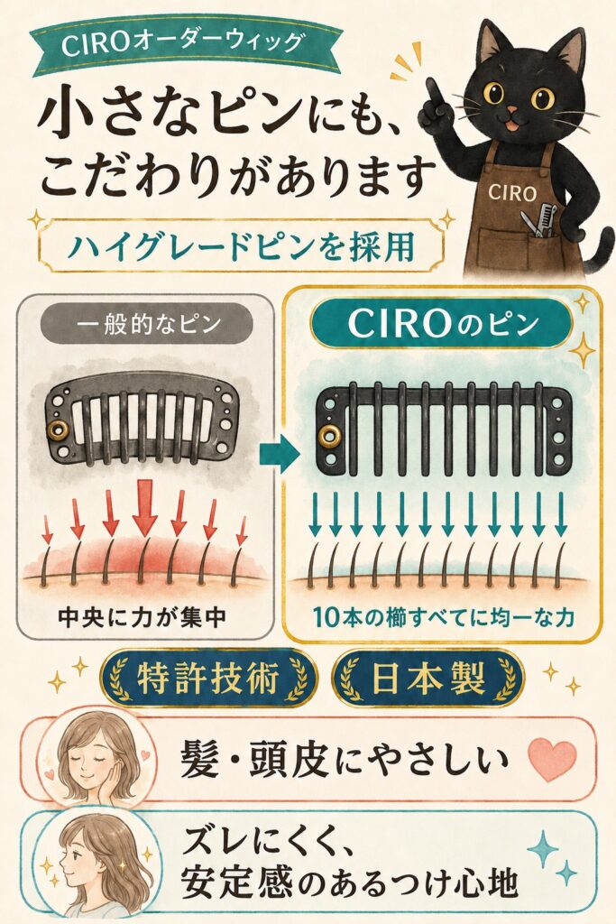 CIROのウィッグのピンは日本の匠の技で作っています。特許製品です！